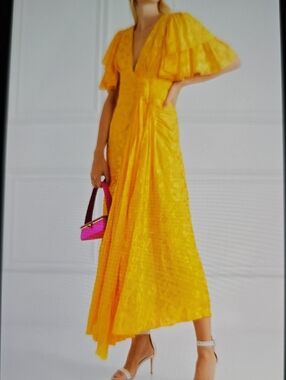 Carolina Herrera Bright Yellow V-Neck Flutter Sleeve High-Low Dress